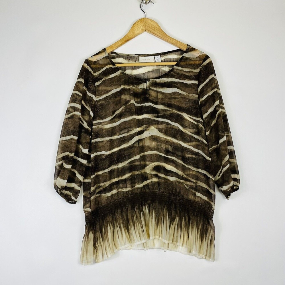 Chico's Blouse Women 1 Medium Brown Zebra Print Smocked Hem Safari Bohemian Chic